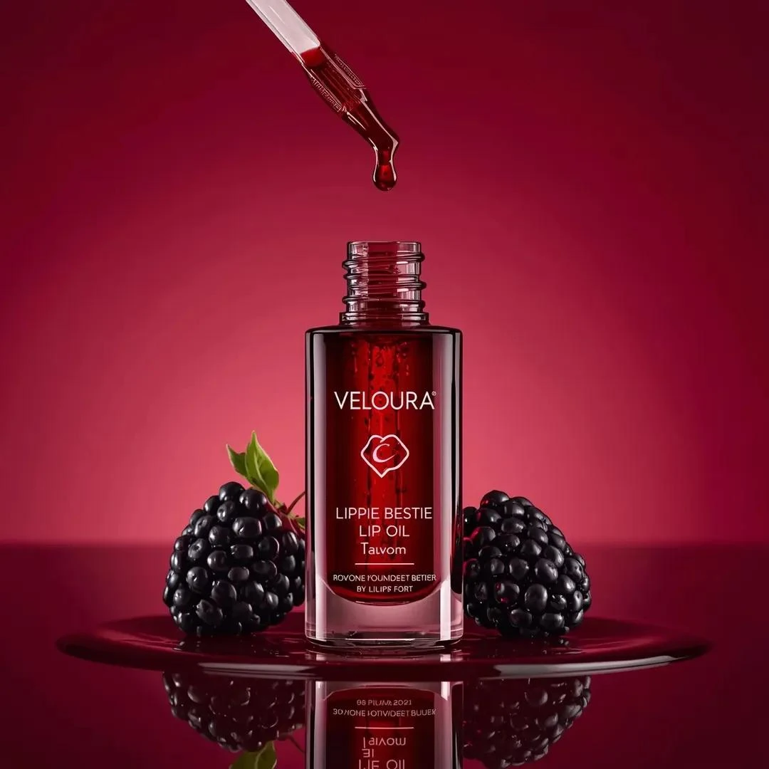 High-end commercial beauty product photography of a (lip oil bottle) labe...