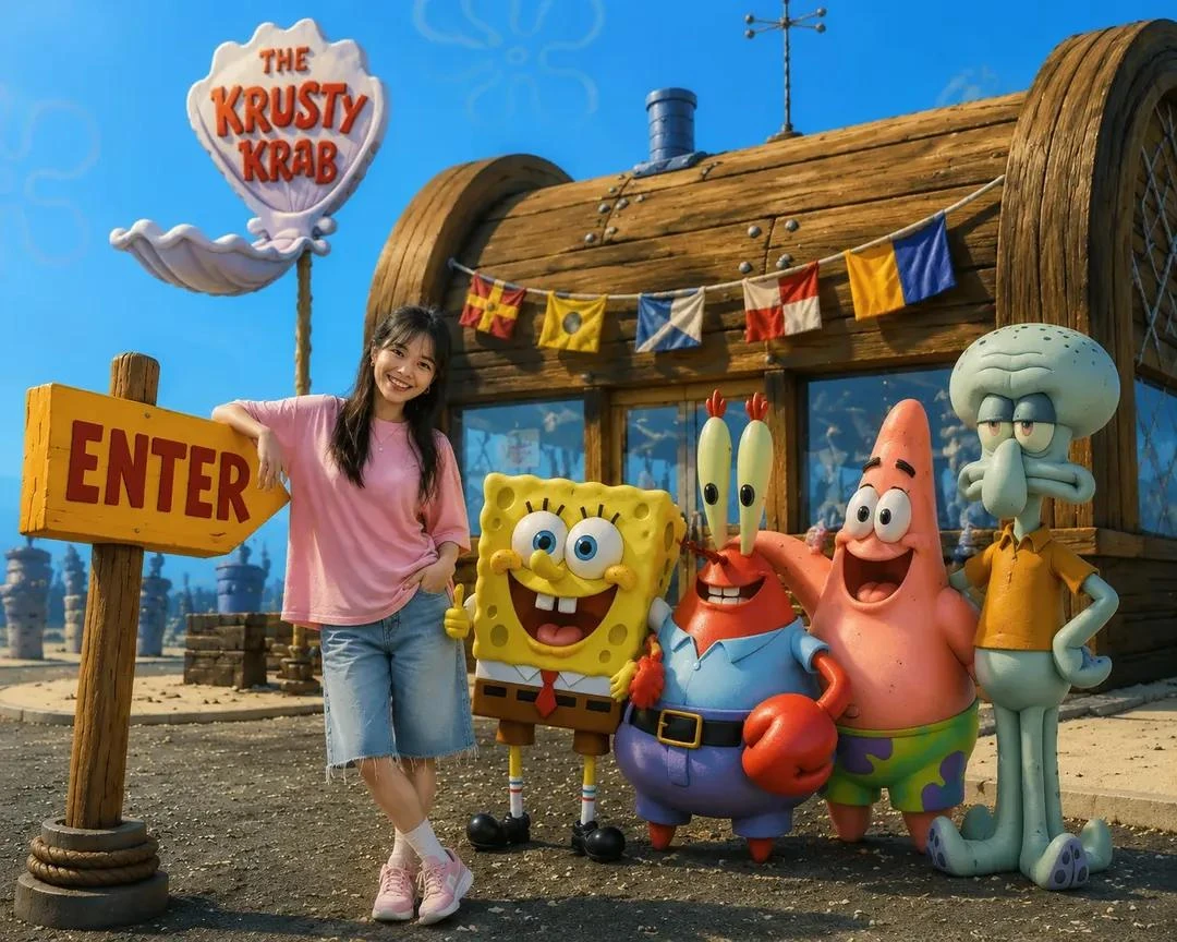 A realistic 3D live-action style photo of a cheerful young Asian woman wi...