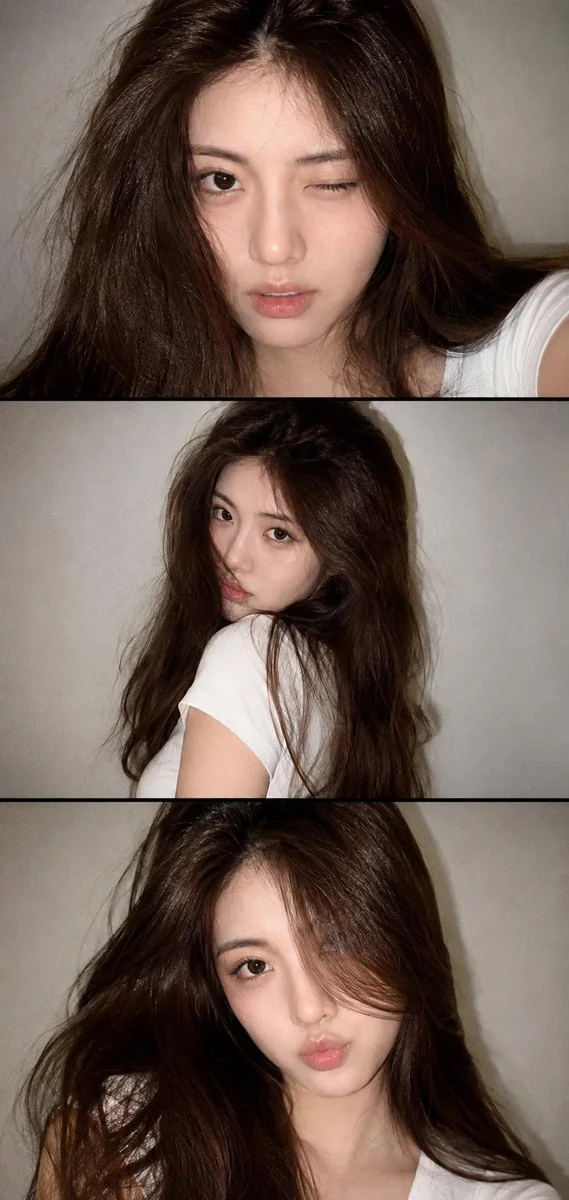 A vertical collage of three YZK photos. Using the uploaded selfie as the...