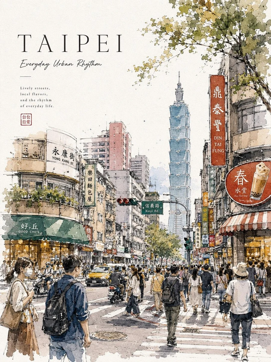 A detailed watercolor travel poster of a lively city street, hand-painted...