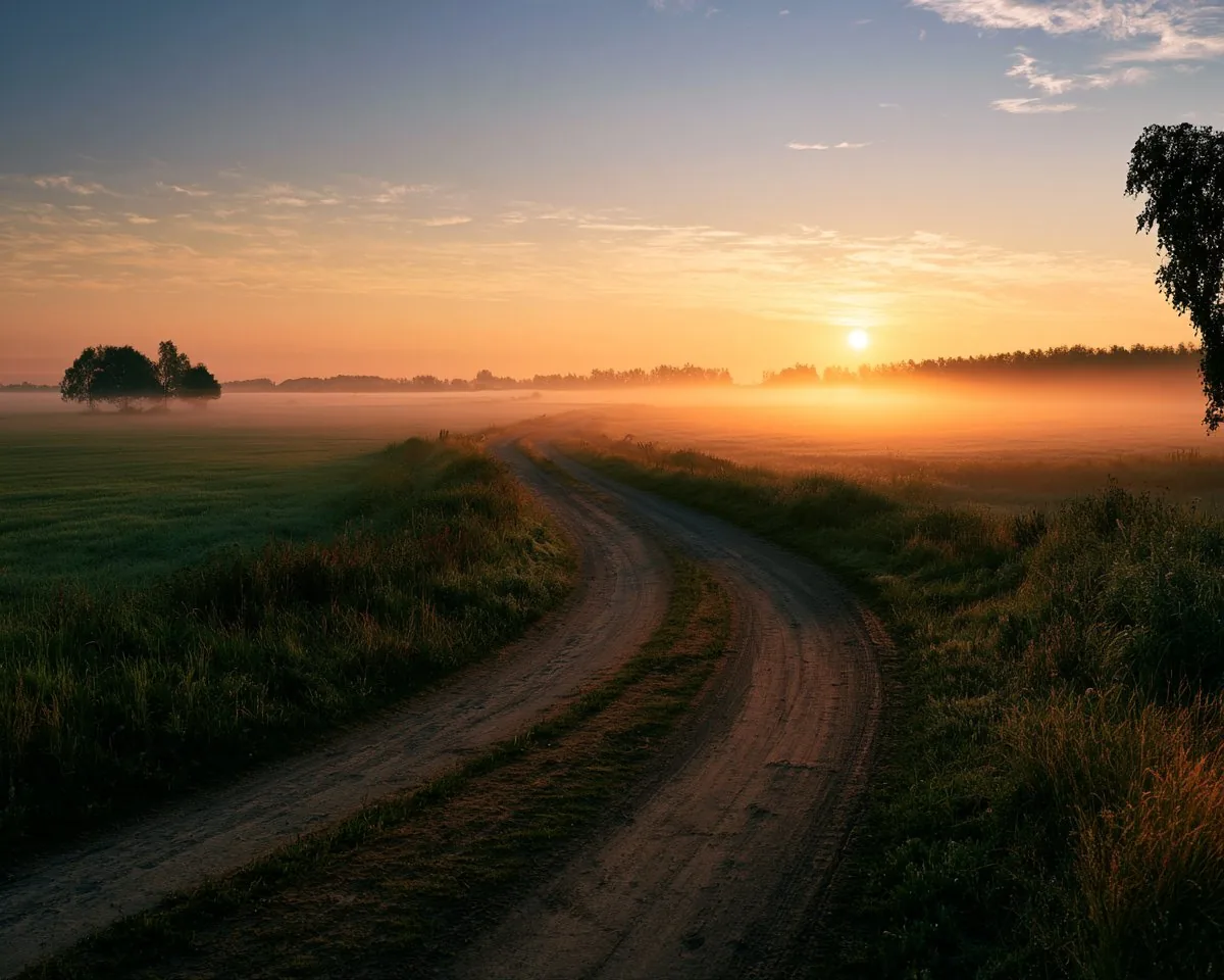 quiet countryside road at sunrise, soft mist over green fields, golden mo...