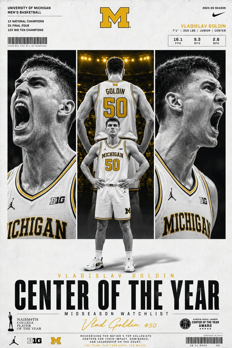 Ultra premium NCAA basketball award announcement poster in a clean editor...