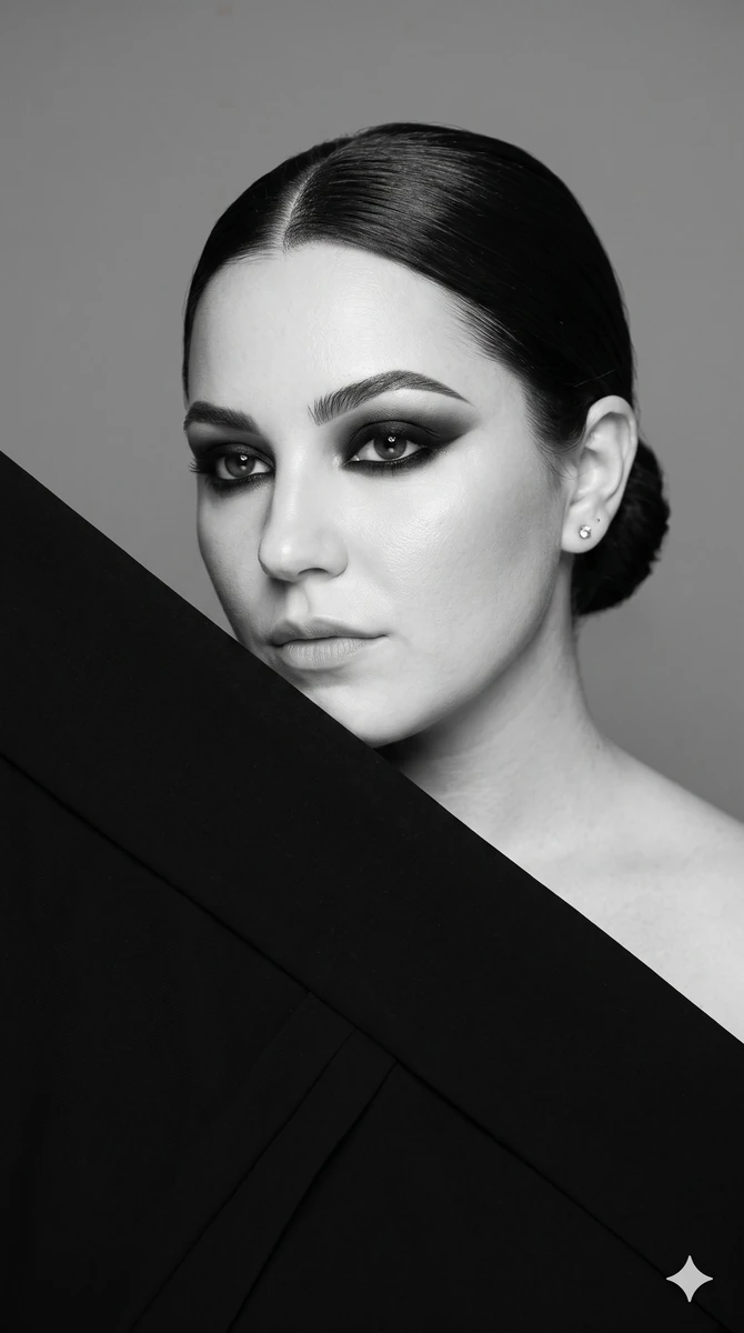 Hyper-realistic black and white fine art fashion portrait in 9:16