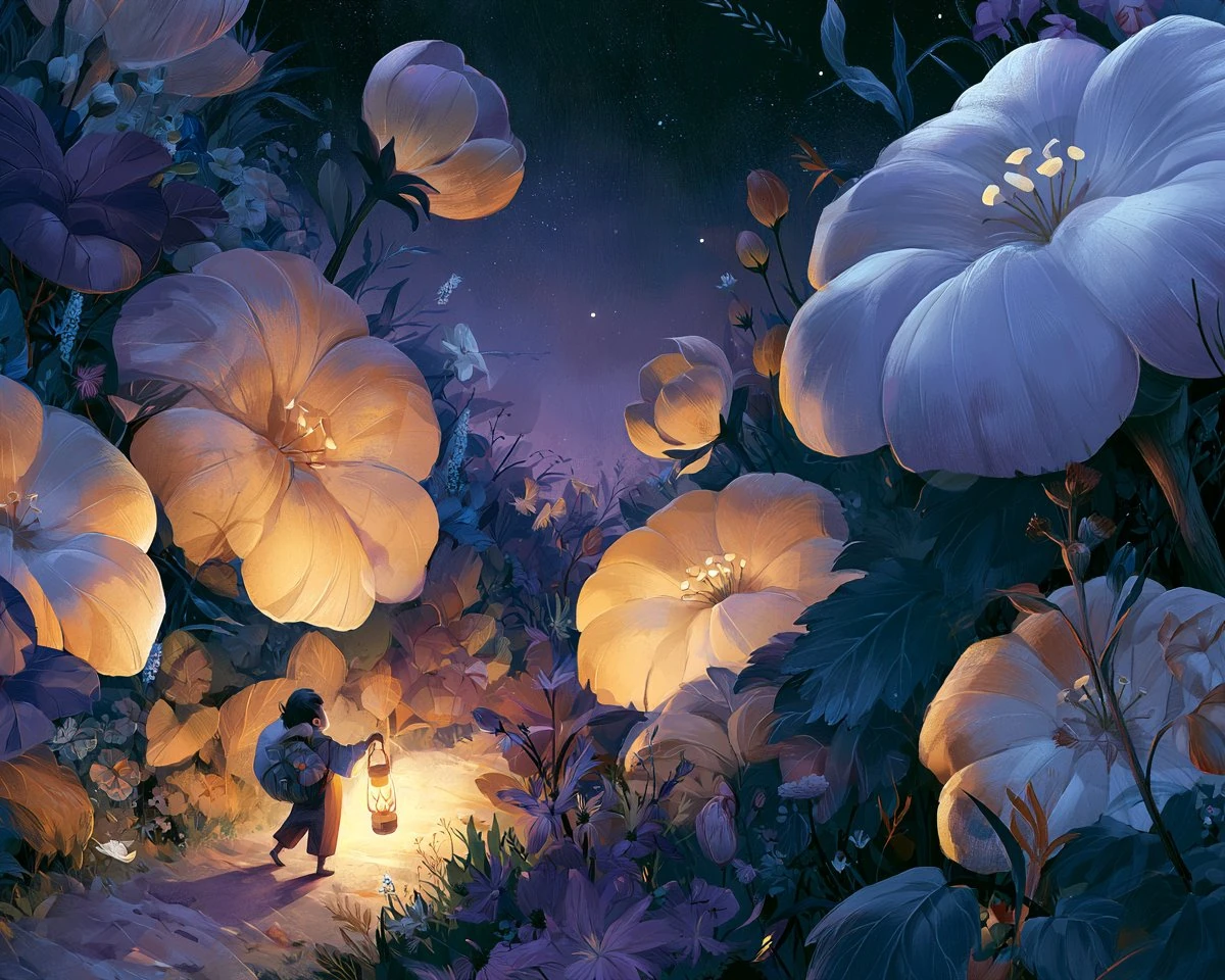wide children's book page spread, tiny lantern carrier walking through a...