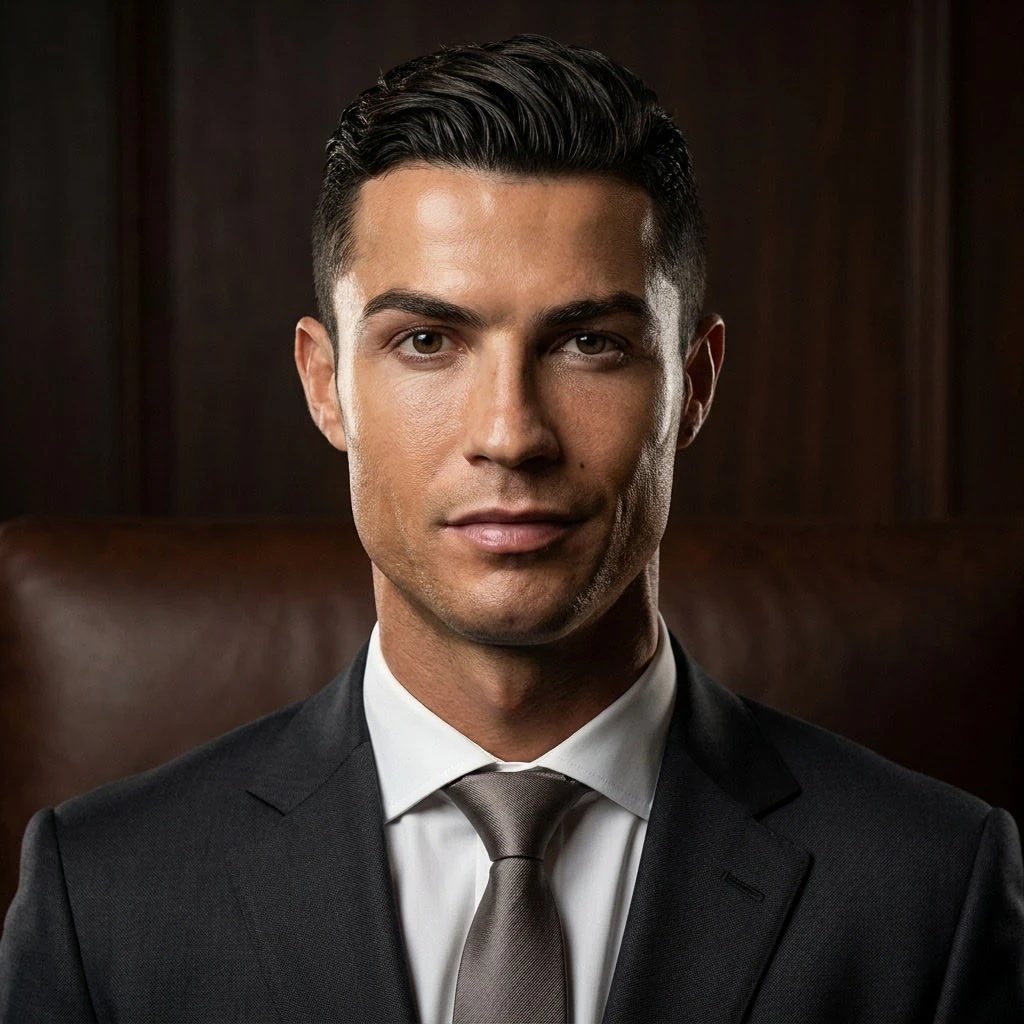 “Professional studio portrait of a man in his mid-30s, short dark brown h...