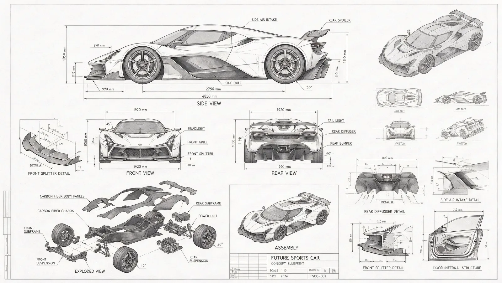 A technical drawing of a futuristic sports car in blueprint style. Includ...
