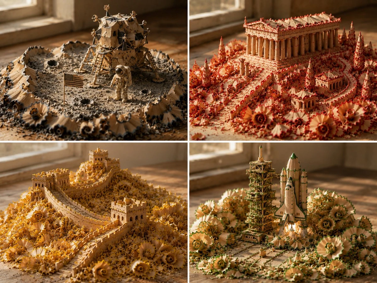 Gorgeous scenes created with pencil shavings. GPT Image 2 prompt: