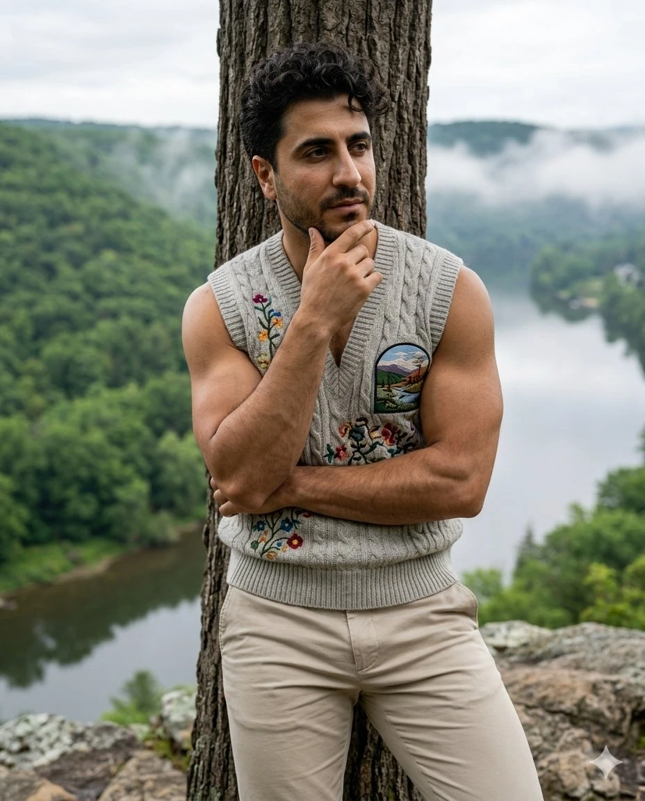 A handsome muscular young man with tanned skin, short curly dark hair and...