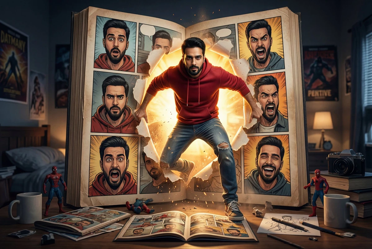 A cinematic shot of a young man in a red hoodie and jeans literally stepp...