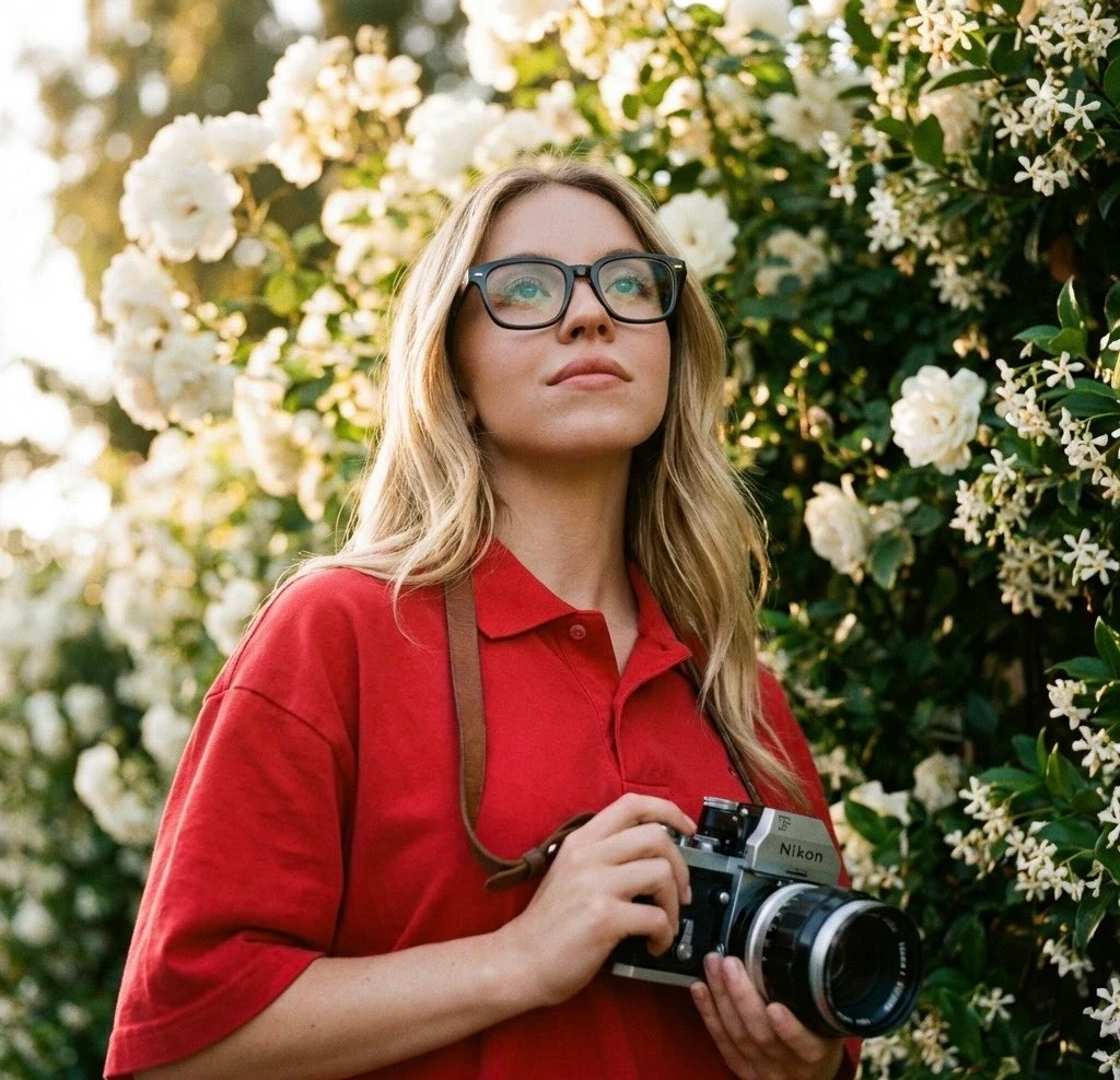 Ultra-realistic cinematic portrait of a young woman photographer standing...