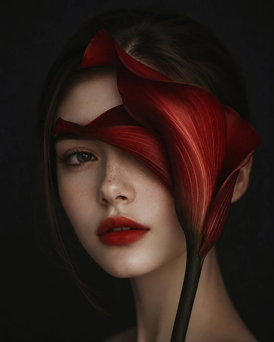 Ultra-realistic fine art fashion portrait of a pale porcelain-skinned wom...