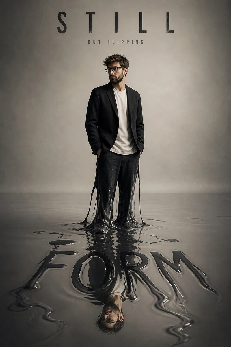 Full-body shot of a man standing still while the lower half of his body i...