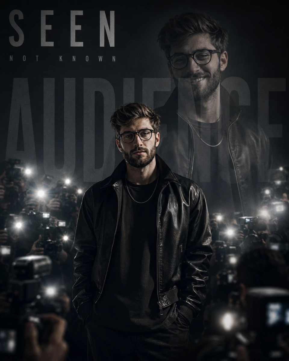 A young man standing alone in a studio while hundreds of blurry camera fl...