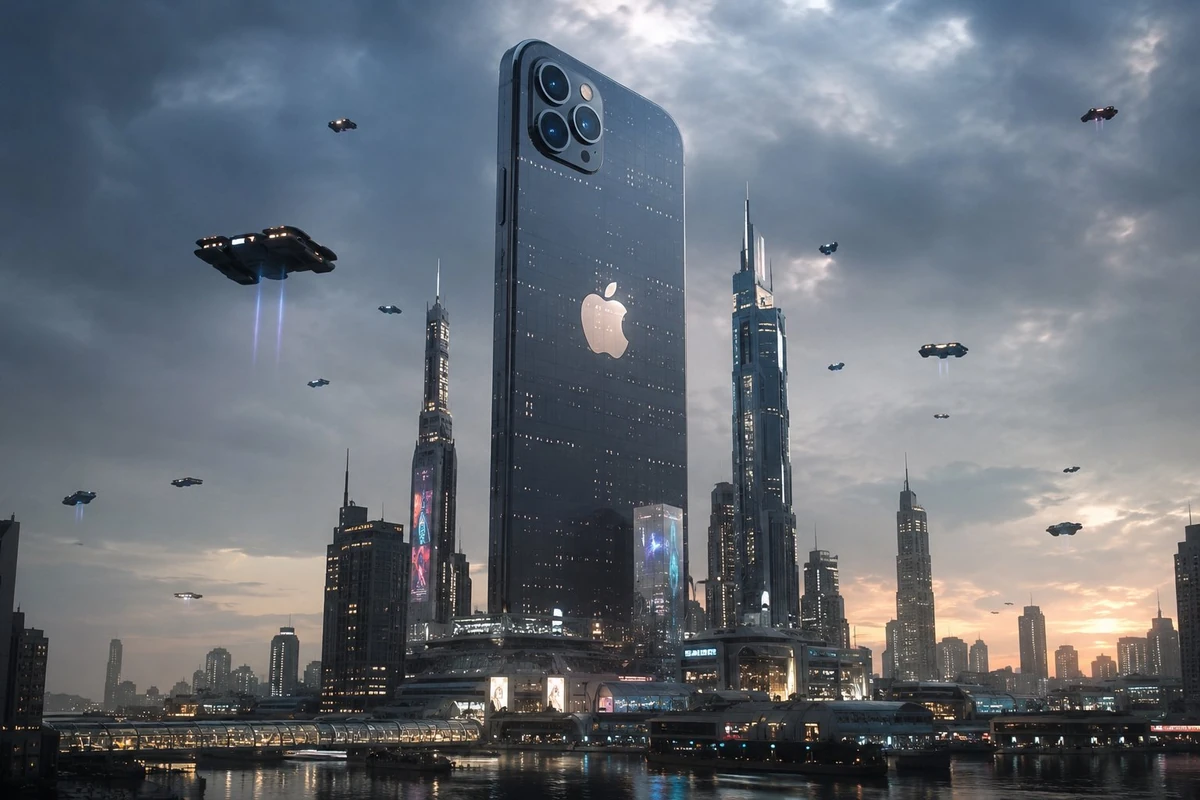 A futuristic city dominated by an enormous Apple iPhone standing as a sky...