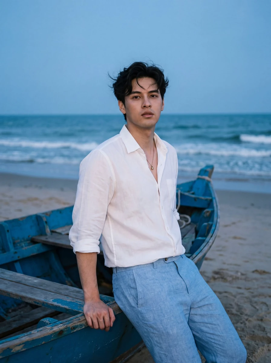 A cinematic portrait of a young man standing on a beach at dusk, leaning...