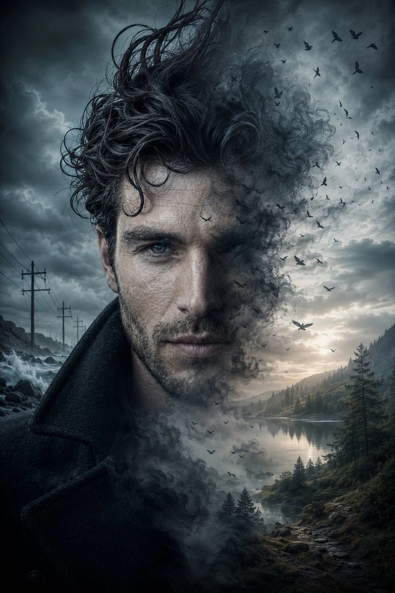 A haunting cinematic double exposure portrait using my face as the subjec...
