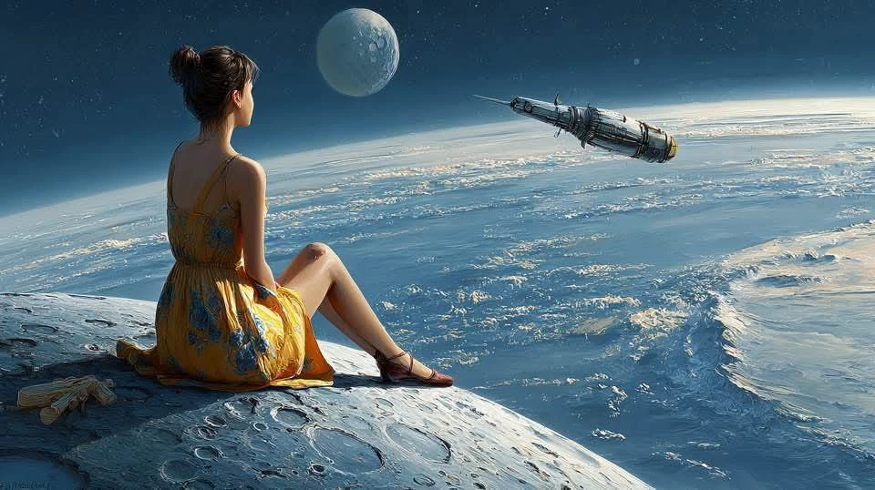 a girl in a bathing dress resting on the moon watching a small space ship...