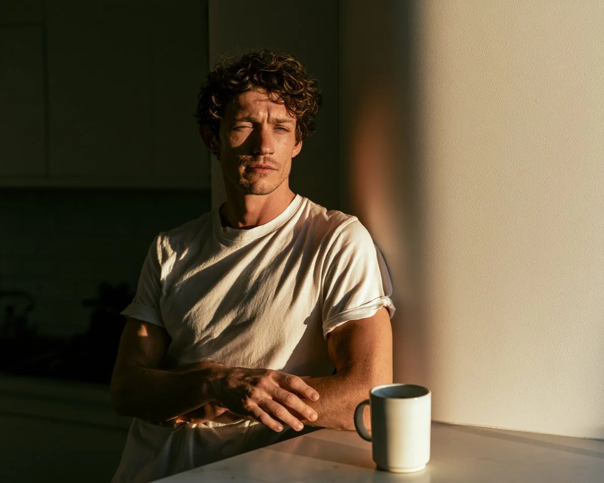 handsome man in a white t-shirt leaning against a kitchen counter, coffee...