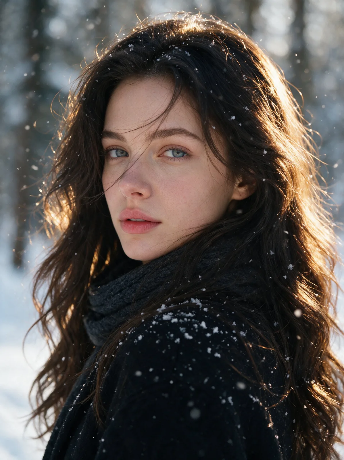 Ultra-realistic close-up portrait of a young woman outdoors during gentle...