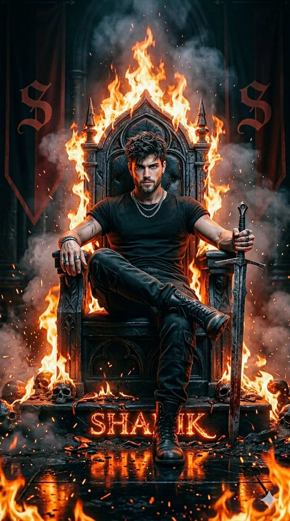 A powerful cinematic portrait of a rugged young man sitting confidently o...