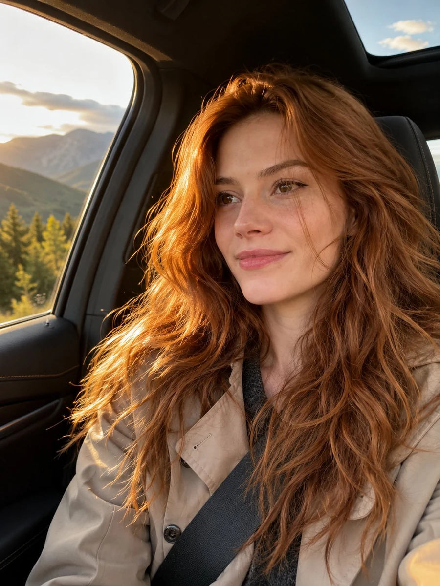 Ultra-realistic candid portrait of a beautiful young woman sitting in the...