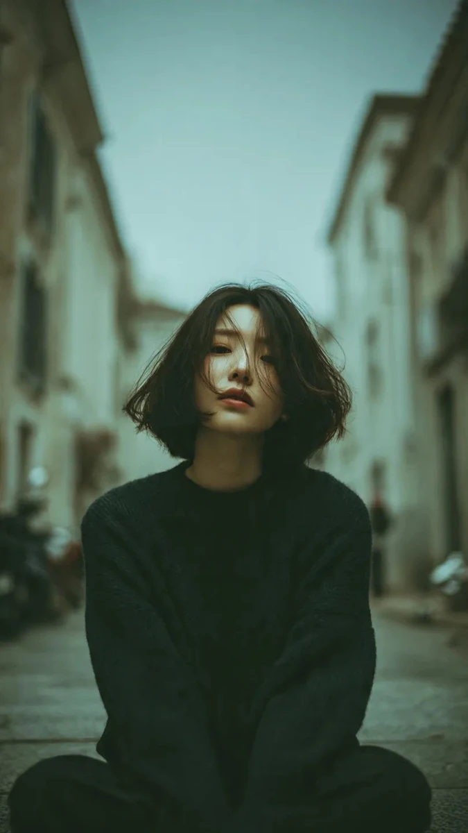 Cinematic street portrait of a young woman with short messy bob haircut,...