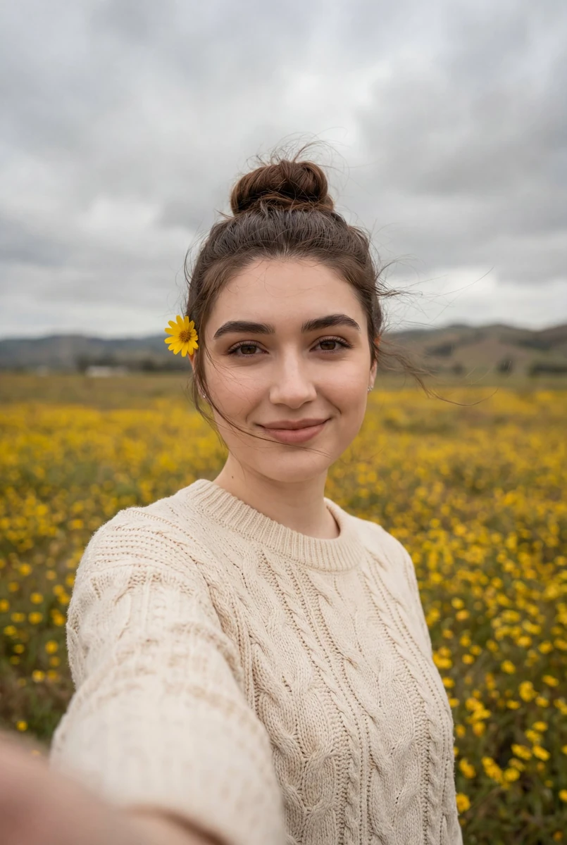 Natural outdoor portrait of a young woman standing in a vast field of sma...