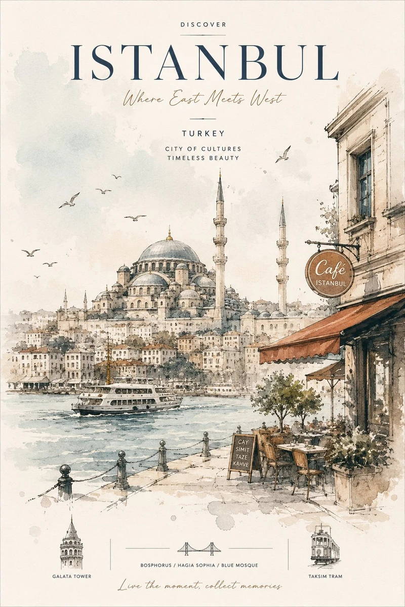 Style: watercolor architectural sketch, editorial travel poster, minimali...