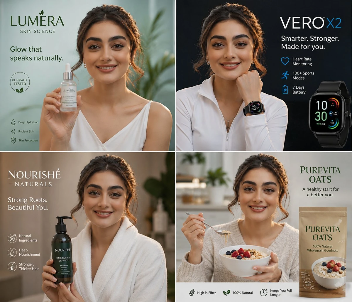 A photorealistic 2x2 grid collage of four commercial advertisements, all...