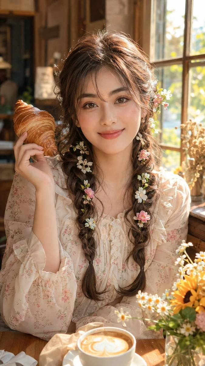 Ultra-realistic cinematic portrait of a beautiful young Asian woman sitti...