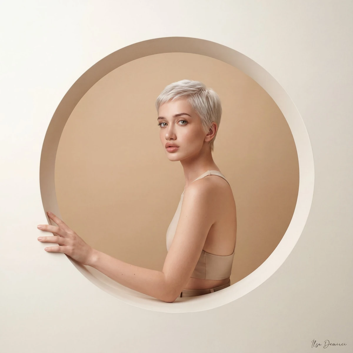 A high-end studio portrait of a poised young adult model with short plati...