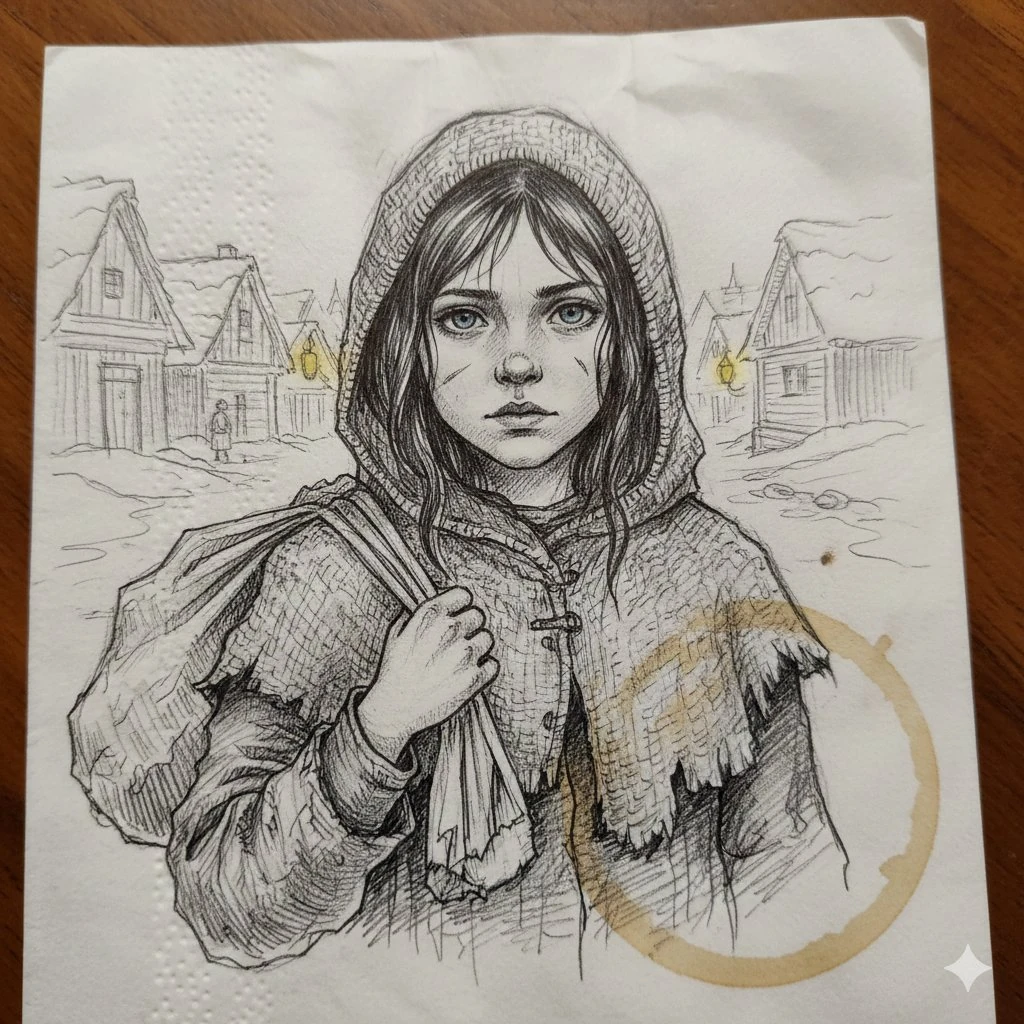 A melancholic young girl with large expressive blue eyes and tear-streake...