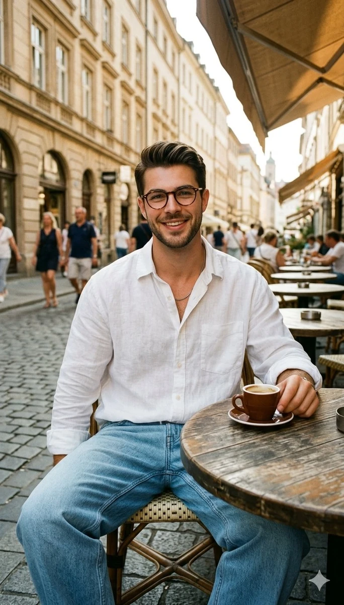 Cinematic lifestyle street photo of a young man sitting at a small round...
