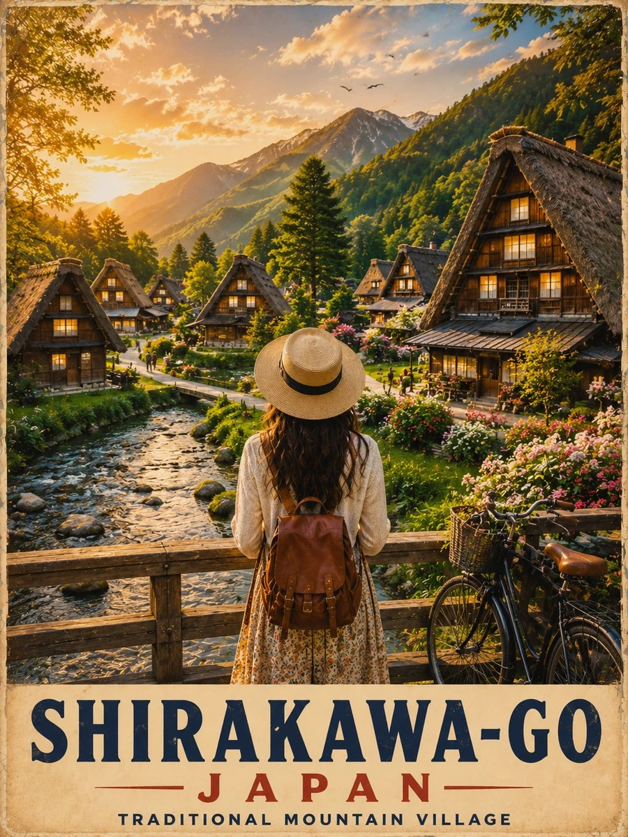 A breathtaking vintage-style travel poster of Shirakawa-go, Japan during...