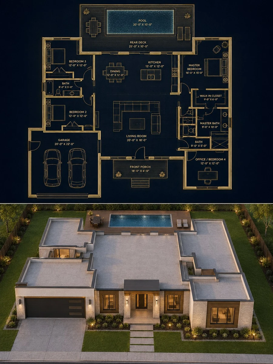 objective": "Create a 3:4 split architectural visualization where the top...
