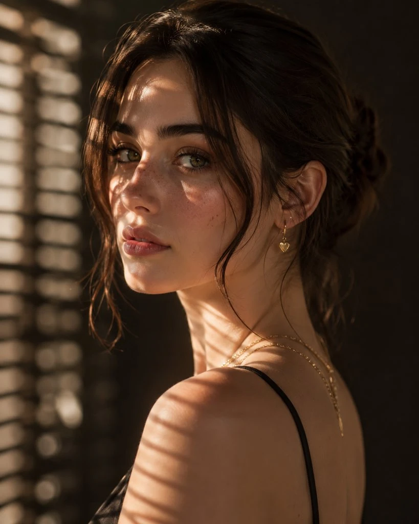 A hyper-realistic fashion portrait of a striking young woman captured in...