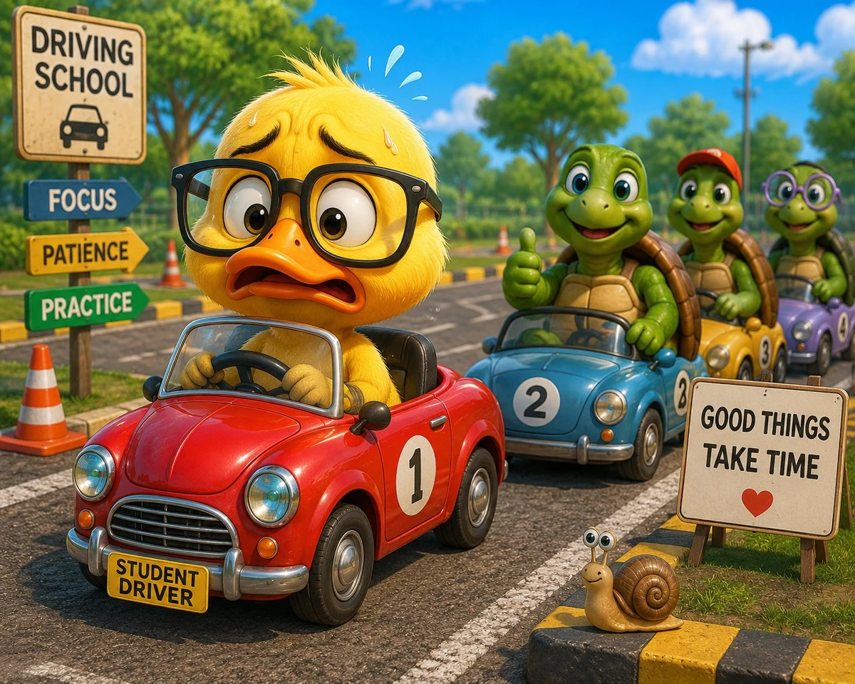A nervous duck wearing oversized glasses attempts its first driving lesso...
