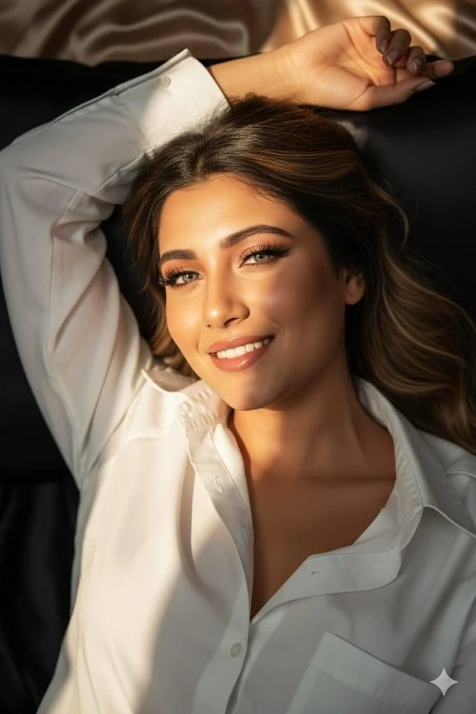 Ultra-realistic portrait of a beautiful young woman reclining on a dark l...