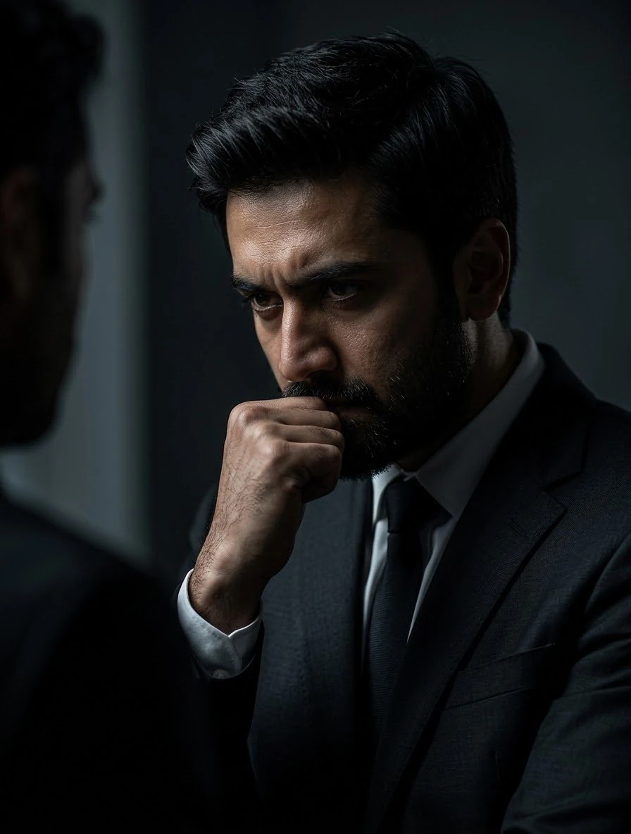 A cinematic dramatic close-up portrait of a sharply dressed male figure i...