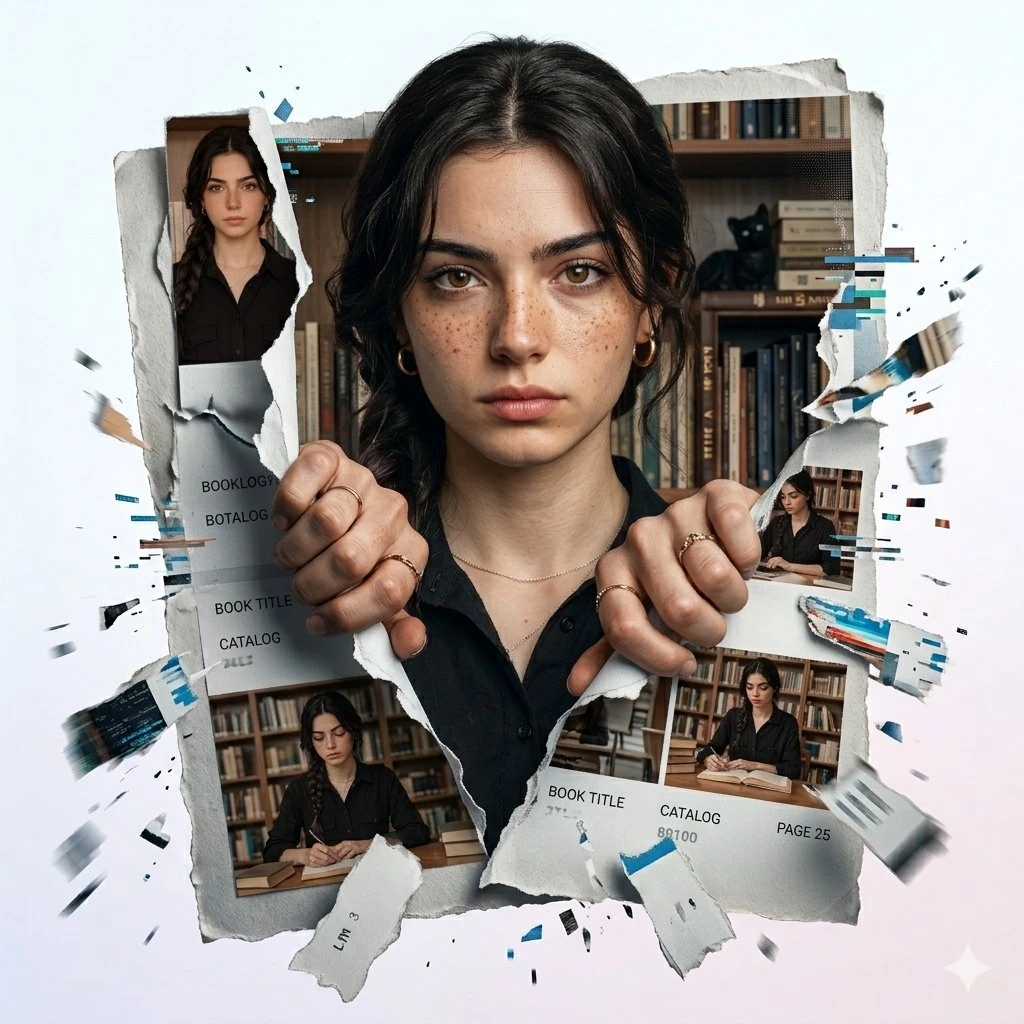 A very creative digital work of art, where a realistic girl (whose face 1...