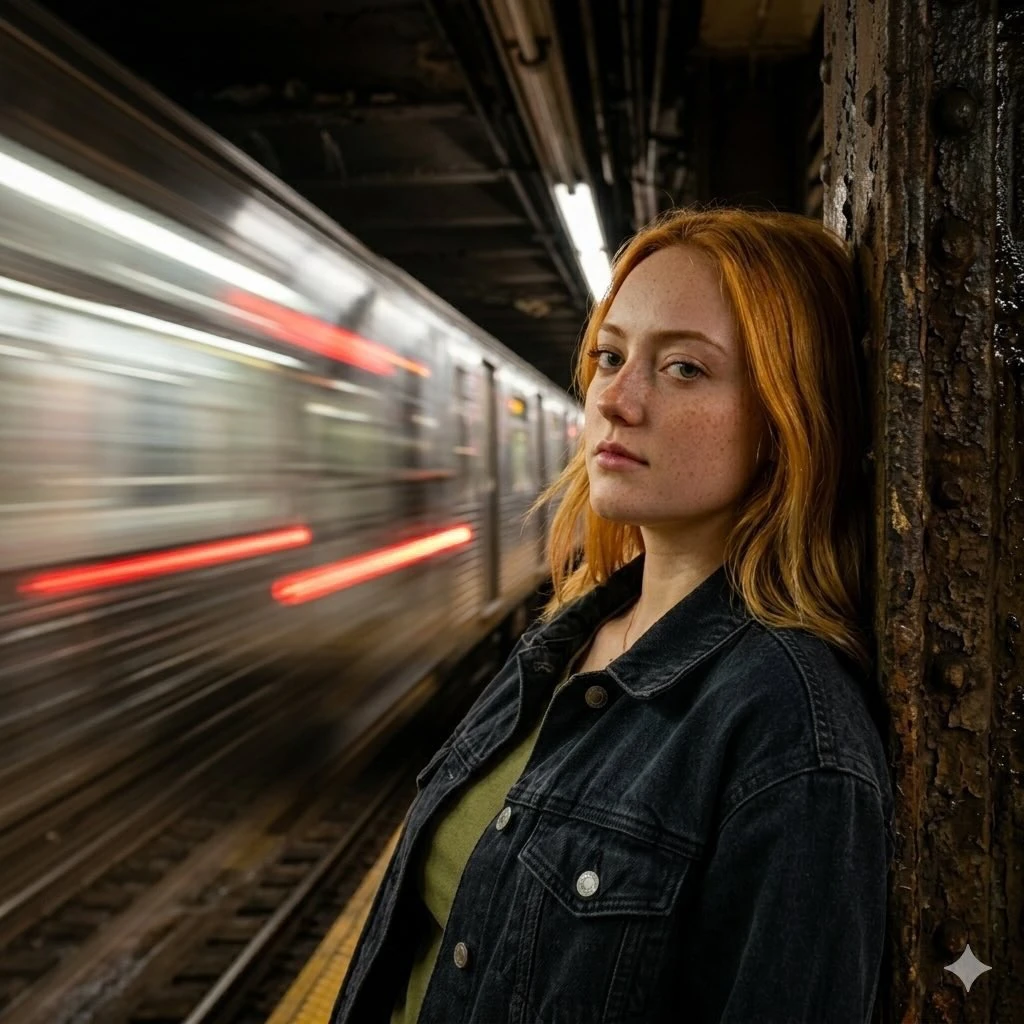 Cinematic portrait of a young woman with red hair and freckles standing o...