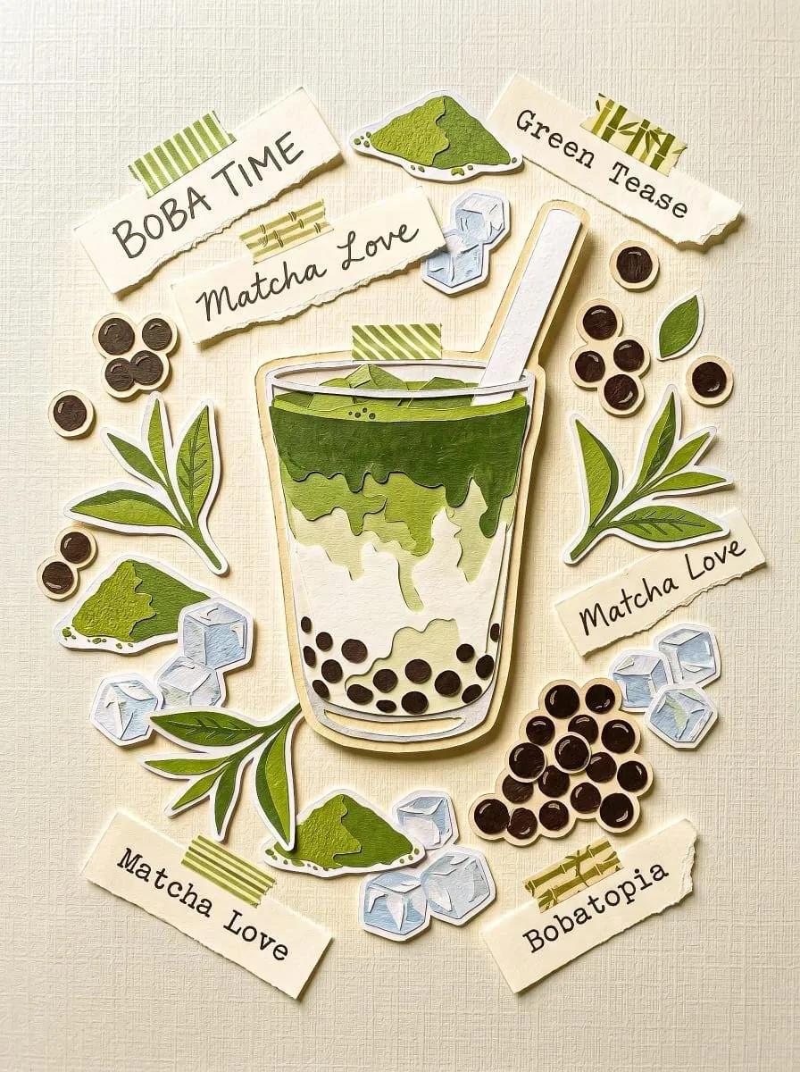 A central subject surrounded by sticker elements that feel cut-out and la...