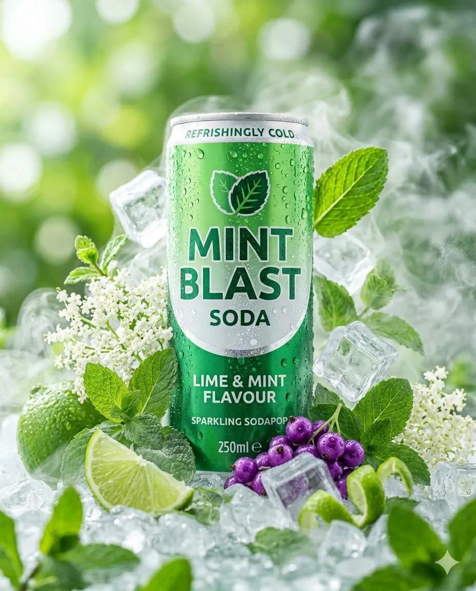 Refreshing soda can surrounded by mint leaves, ice cubes, and cold vapor...