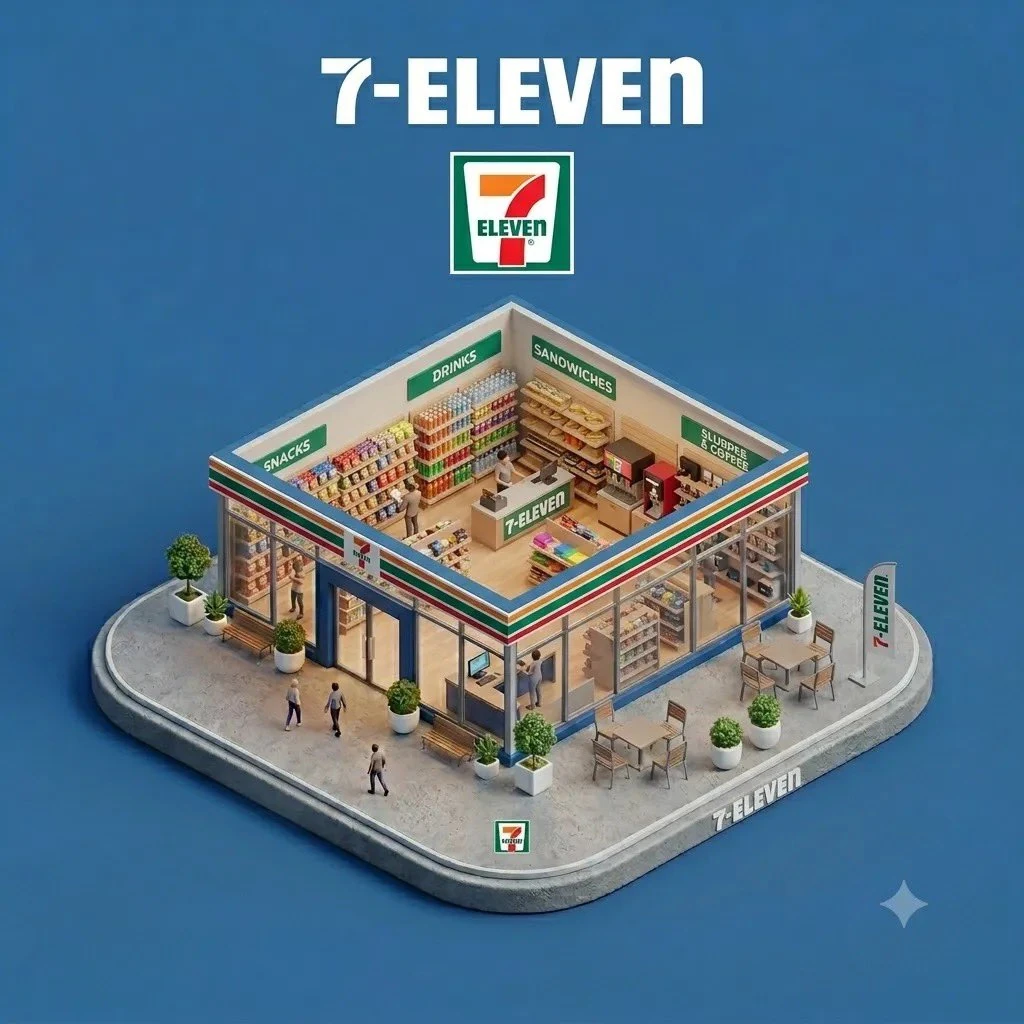 Ultra-detailed isometric 3D miniature diorama of a branded storefront pla...