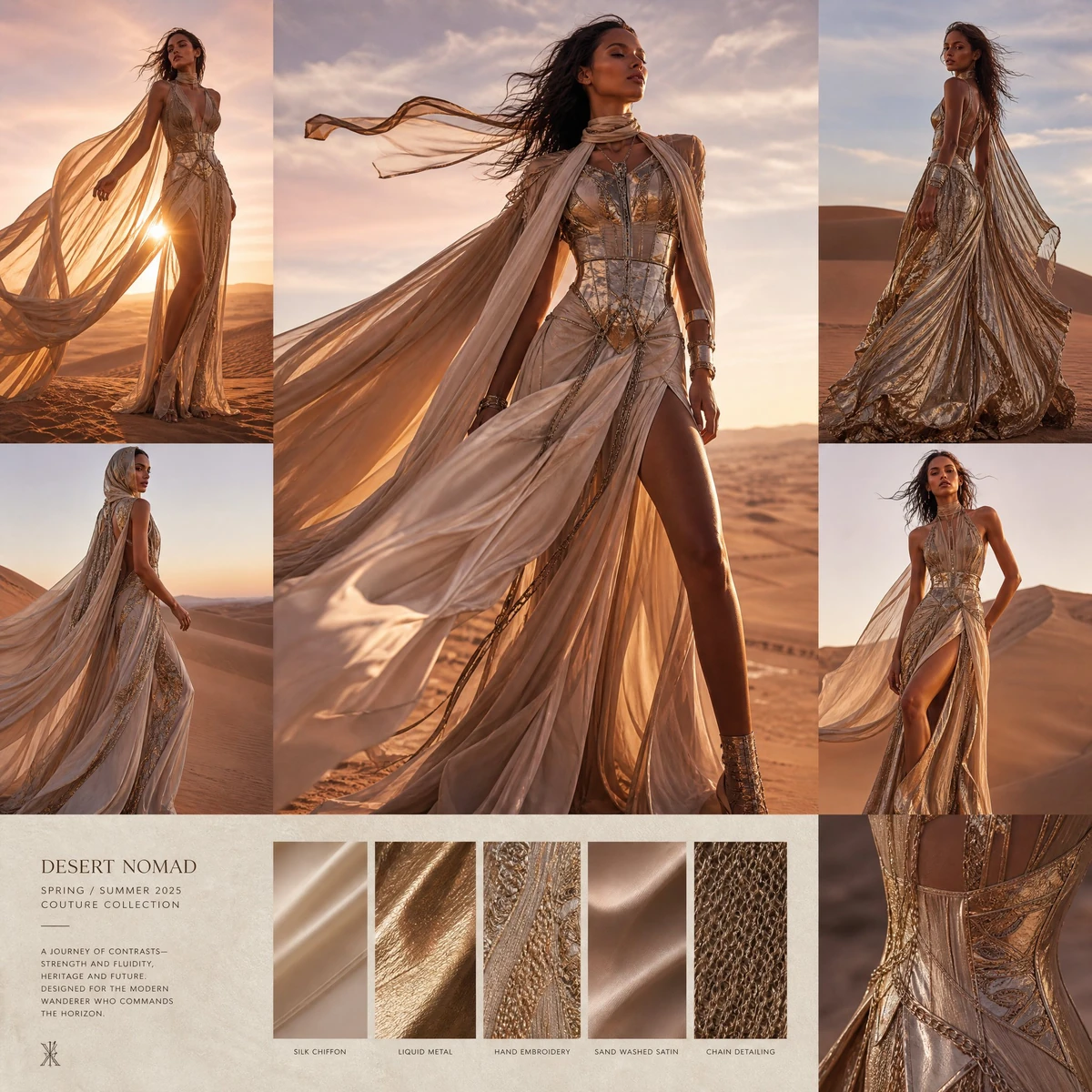 Build a cinematic character design board set. A high-fashion Vogue-inspir...