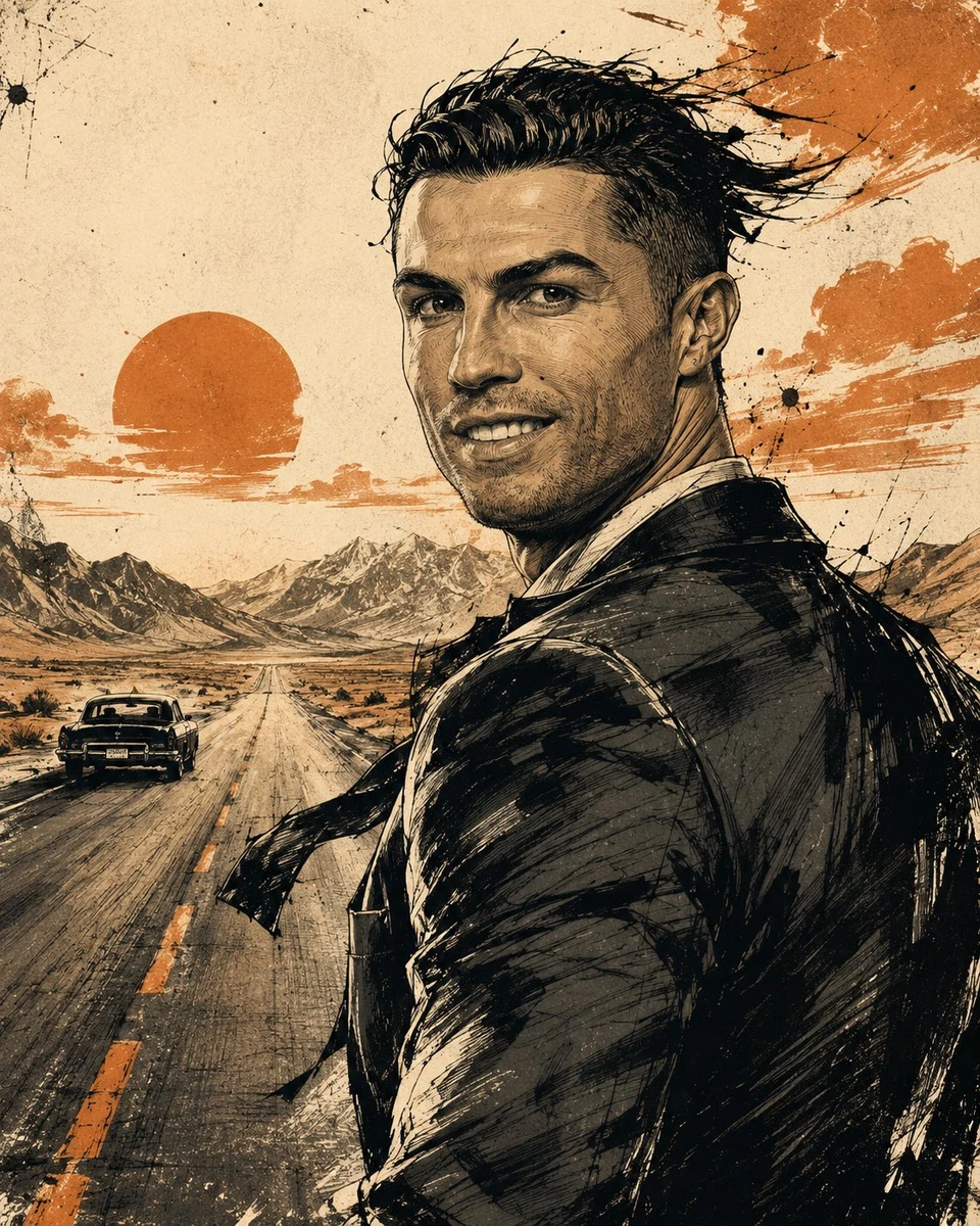 Cinematic editorial ink illustration of [HUMAN] in [SCENERY], looking bac...