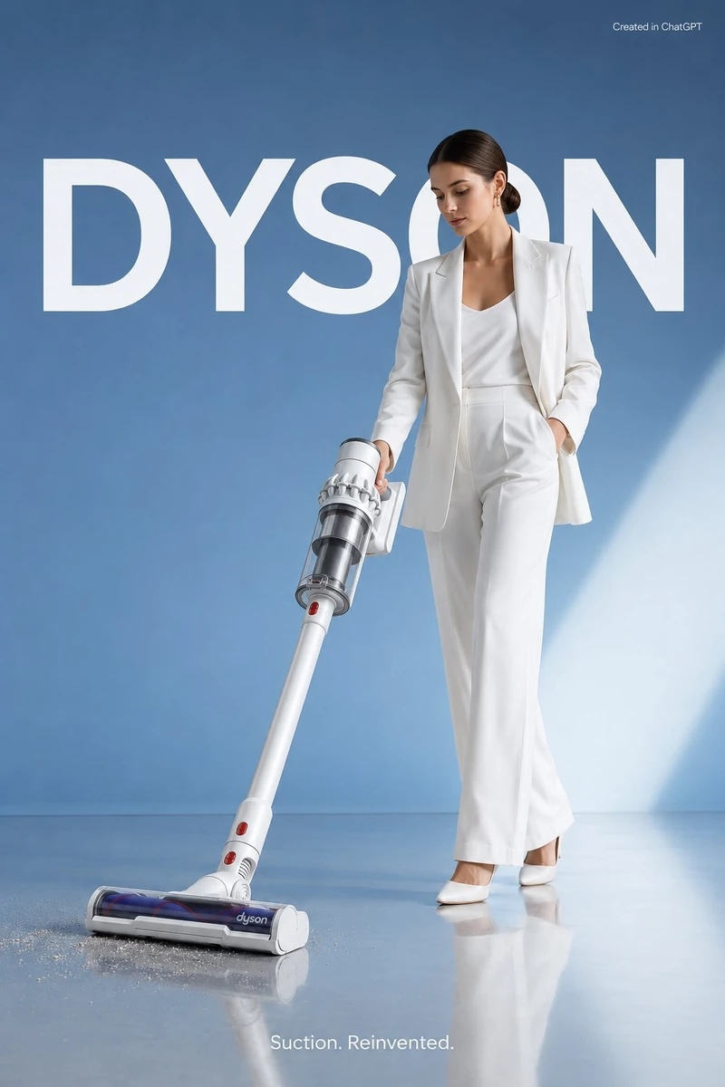 Minimalist commercial advertisement featuring an oversized white Dyson V1...