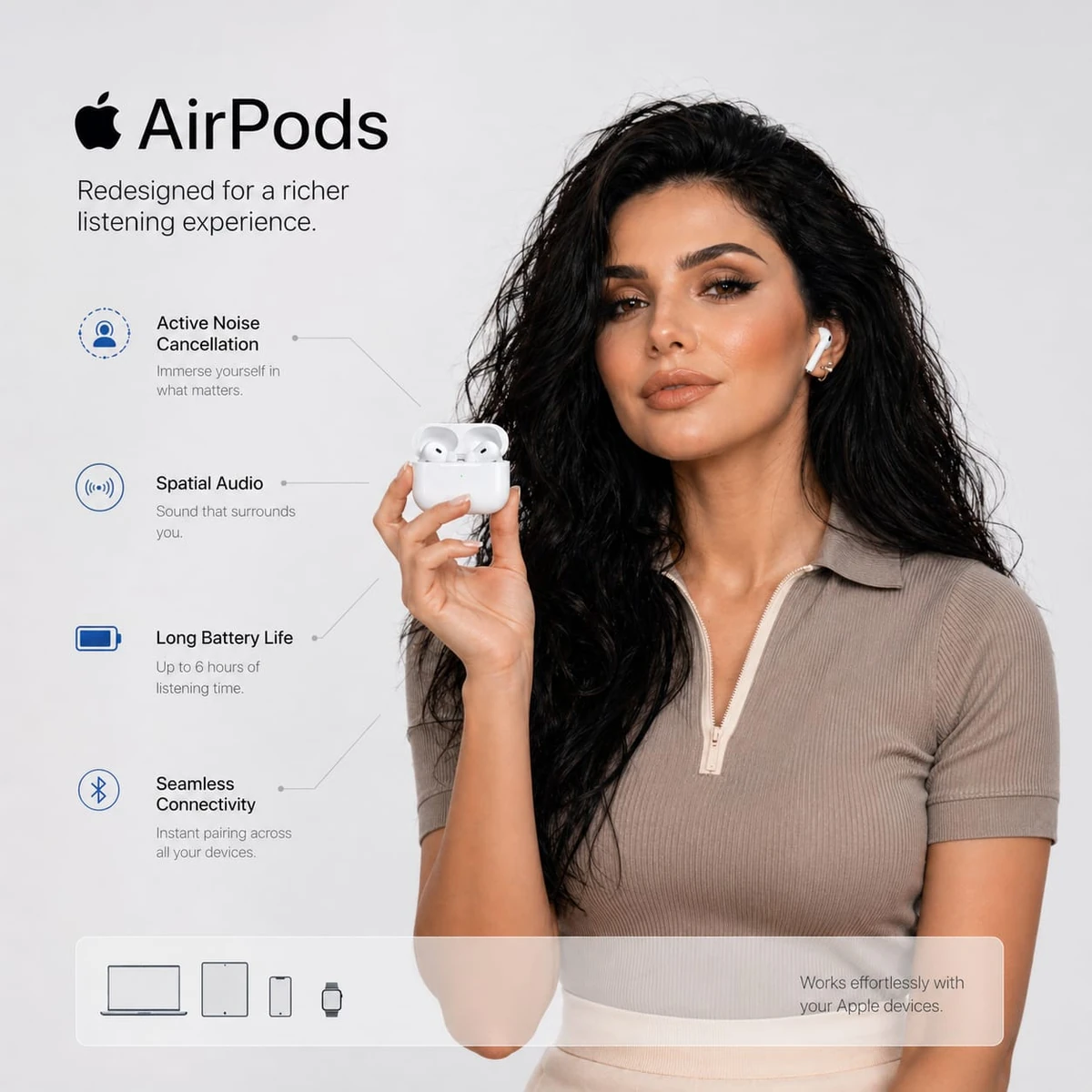 High-end e-commerce infographic featuring Apple AirPods (latest generatio...
