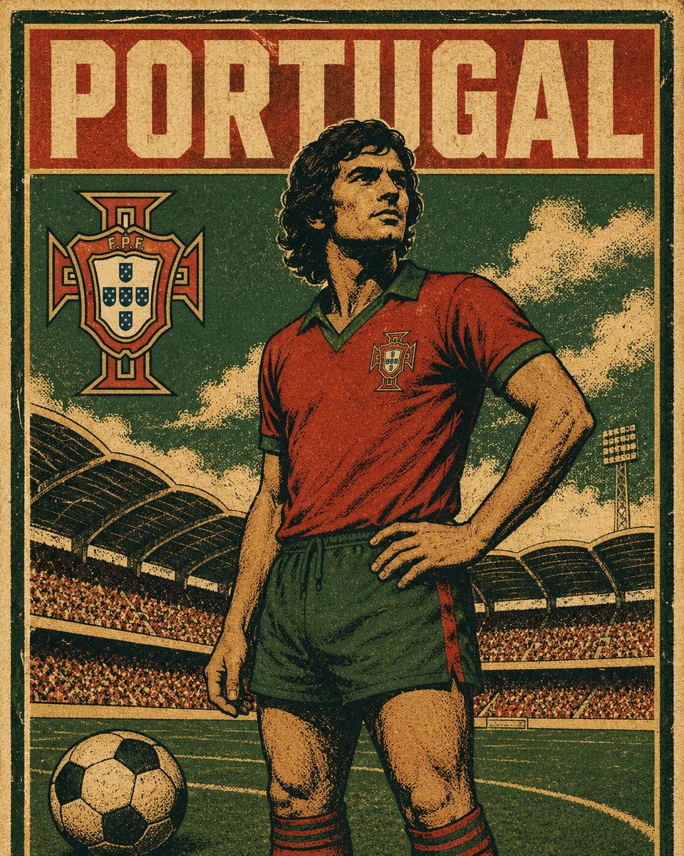 A vintage-style screen-printed national football poster in a retro propag...