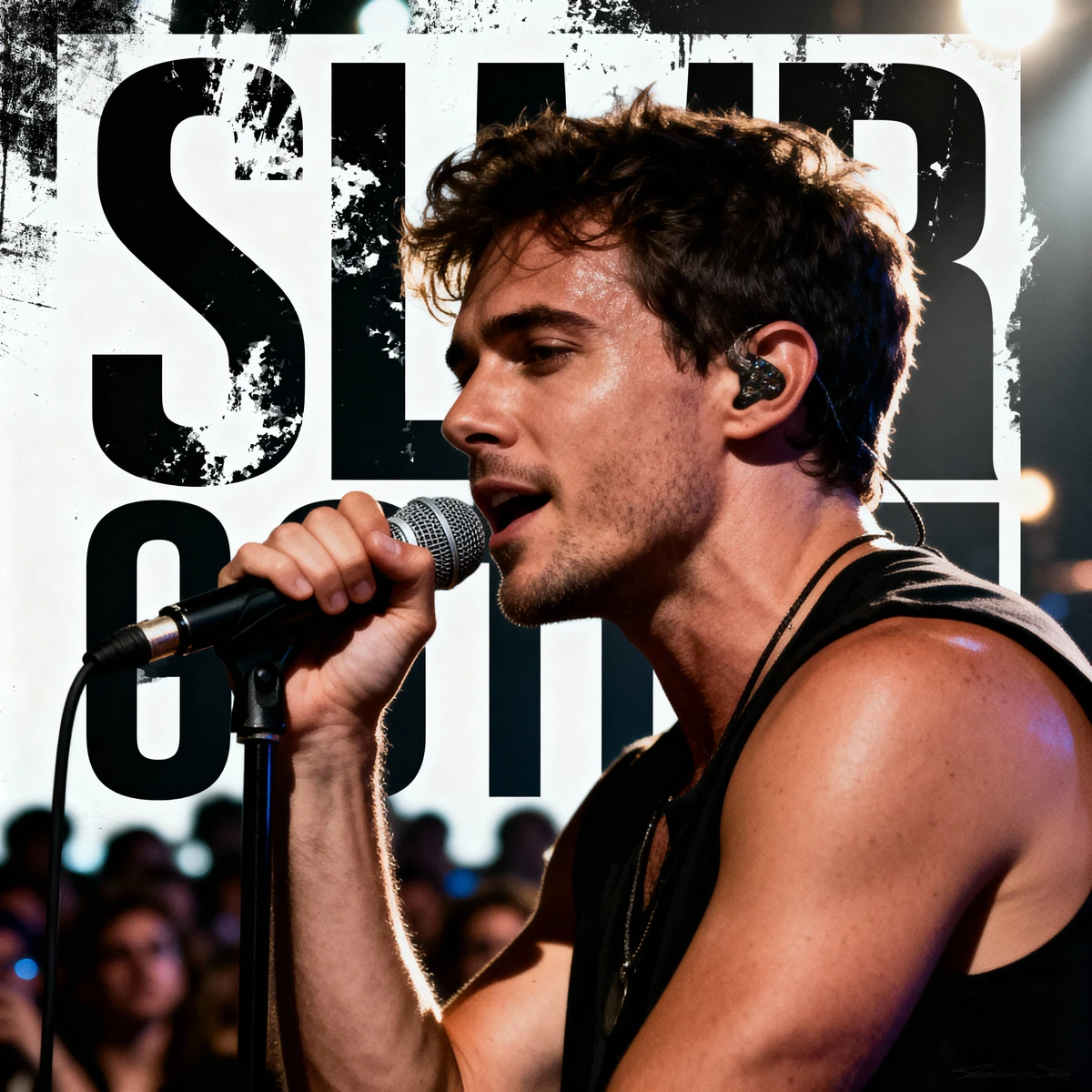 Realistic poster design of a male musician holding a microphone on stage,...